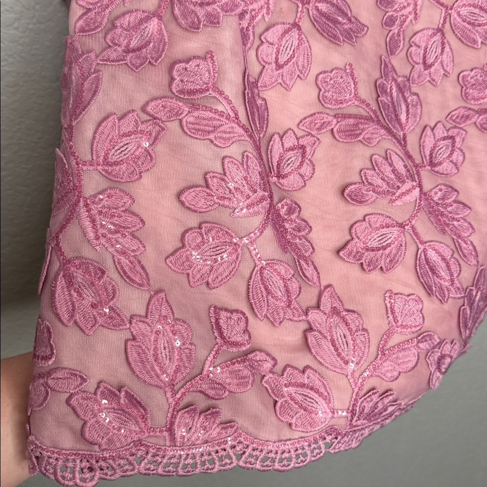 NEW HELSI Christy Scalloped Long Sleeve Pink Floral Applique Mini Dress Sz S - Picture 7 of 12